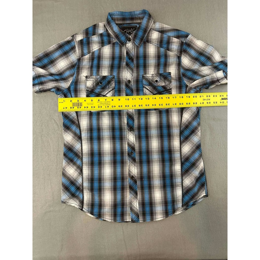 CHALC Y2K Plaid Button Up Shirt Blue Gray Mens‎ Medium - Picture 6 of 7